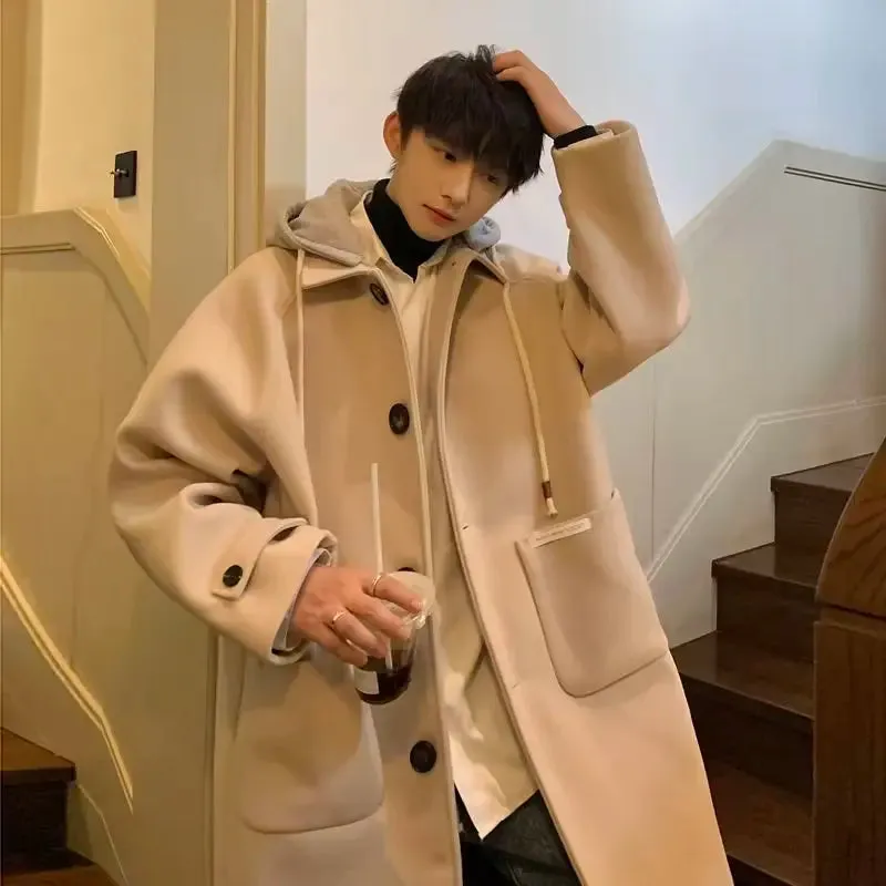 Aidase Autumn Winter Thick Woolen Coat Men's Loose Fitting Fake Two-piece Hooded Trench Coat Men's Trendy Windbreaker Mid Length Jacket