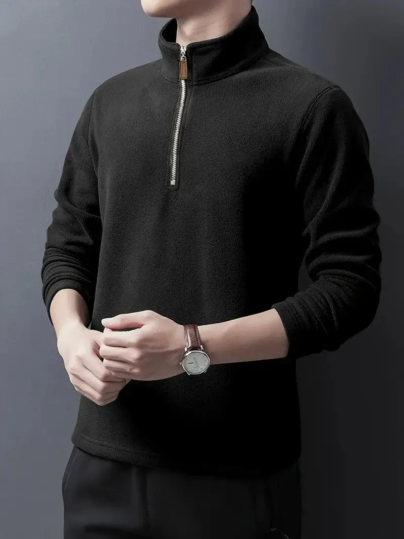 Autumn & Winter Men's Fleece Henley Shirt - Stand Collar Half Zip Pullover - Perfect for Cold Weather & Outdoor Activities