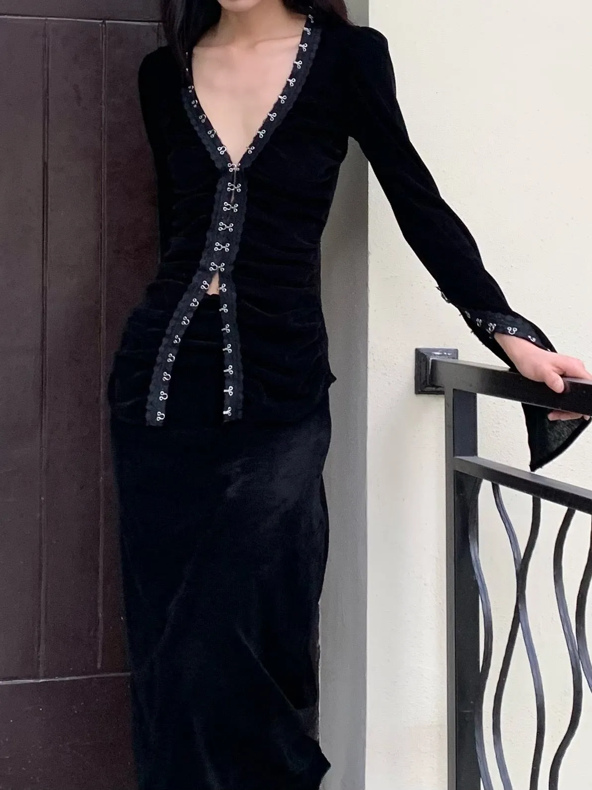 Black velvet set with skirt   hook button top (can be bought separately
