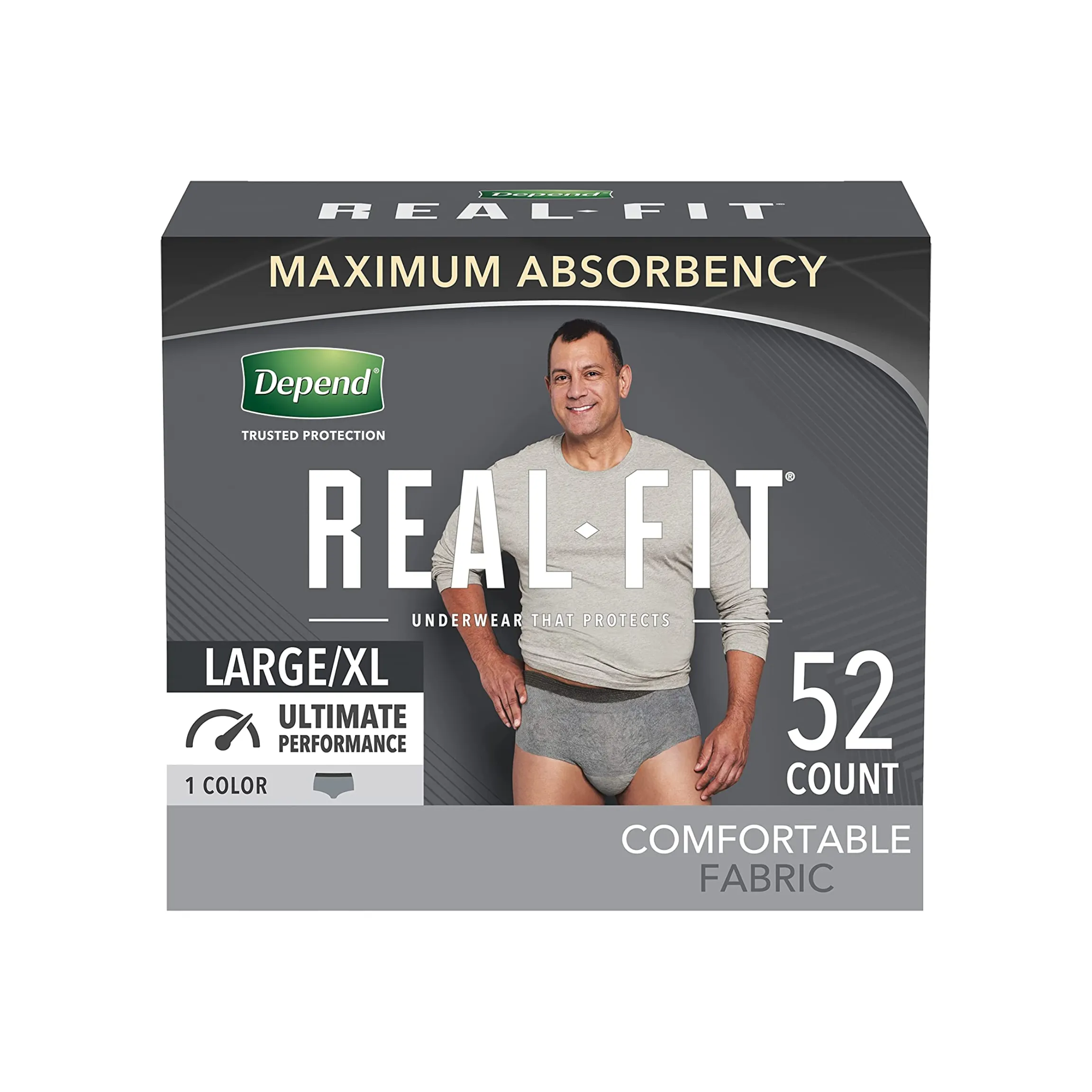 Depend Real Fit Incontinence Underwear for Men, Maximum Absorbency, Large-Extra-Large, Grey, 52 Ct (Packaging May Vary)