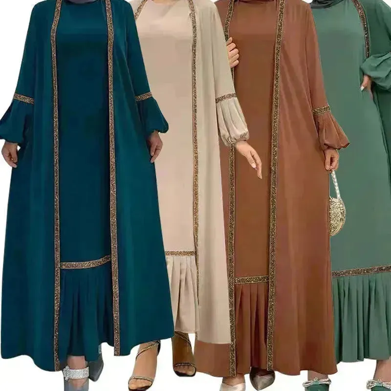 Elegant Two piece for ArabWomen Abaya Underwear dress and Kimono Abaya Open front Abaya for  Middle Easter Arab Dubai Women