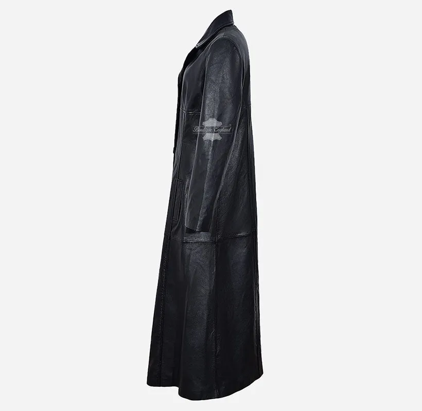 Elegantly Gothic Ladies Full-Length Leather Coat Black Leather Trench Coat