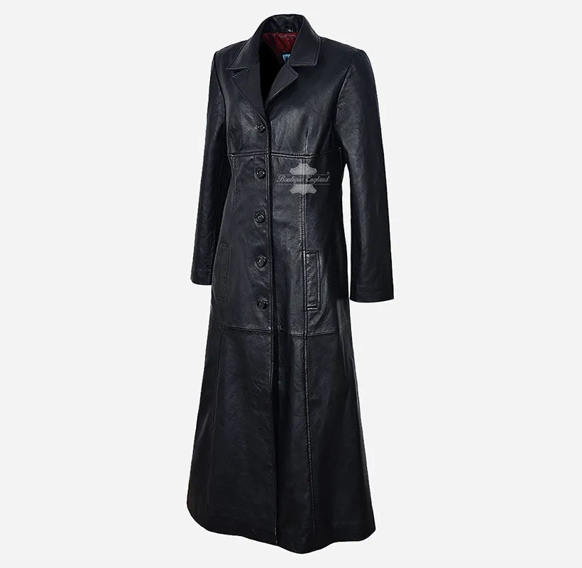 Elegantly Gothic Ladies Full-Length Leather Coat Black Leather Trench Coat