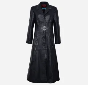 Elegantly Gothic Ladies Full-Length Leather Coat Black Leather Trench Coat