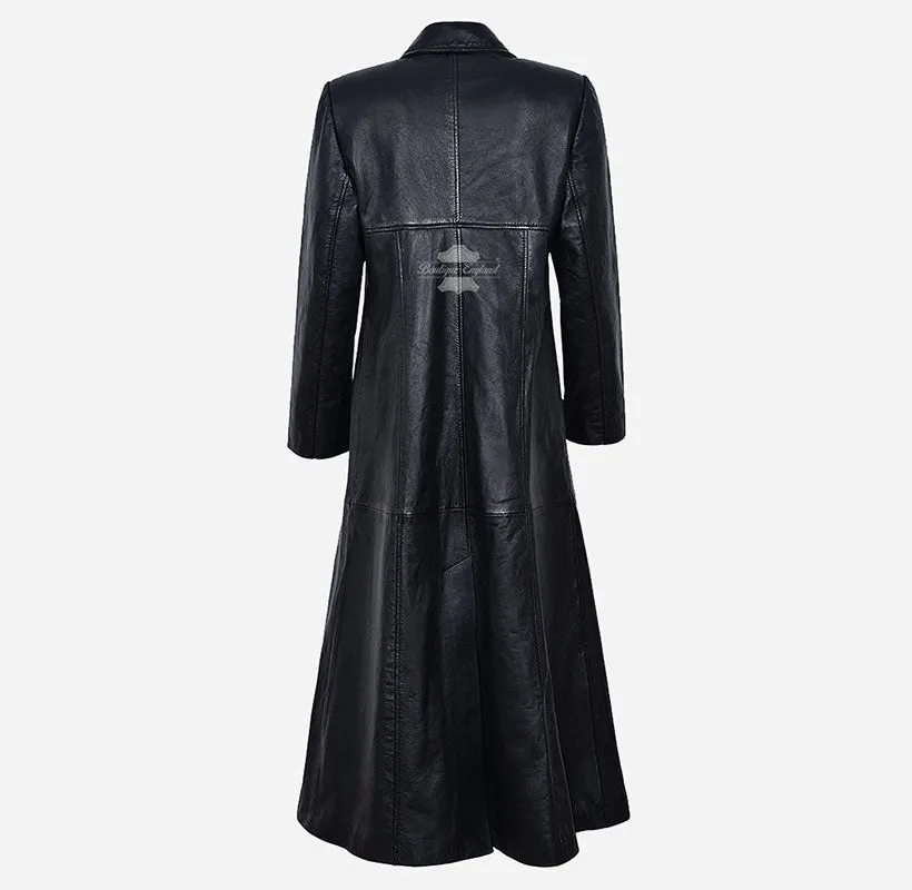 Elegantly Gothic Ladies Full-Length Leather Coat Black Leather Trench Coat