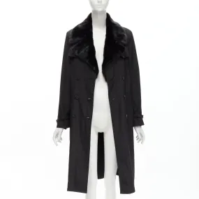FENDI black fur collar topstitch detail silk belted trench coat jacket IT44 L