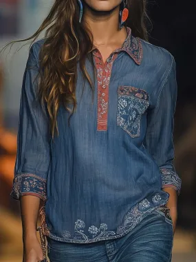 Floral Print Denim Henley Shirt