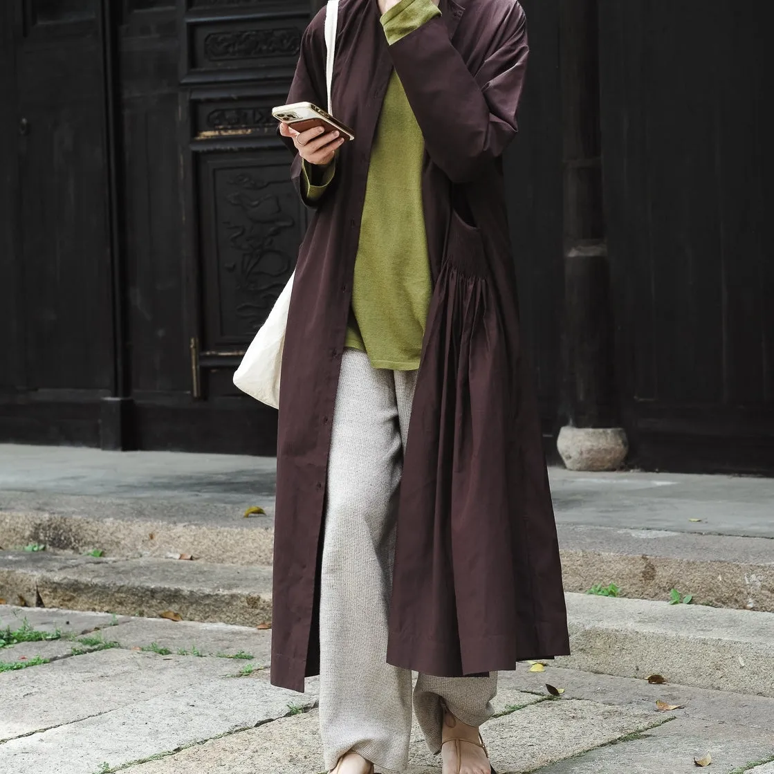 Handcrafted Pleated High-Count Cotton Chinese Style Women's Trench Coat