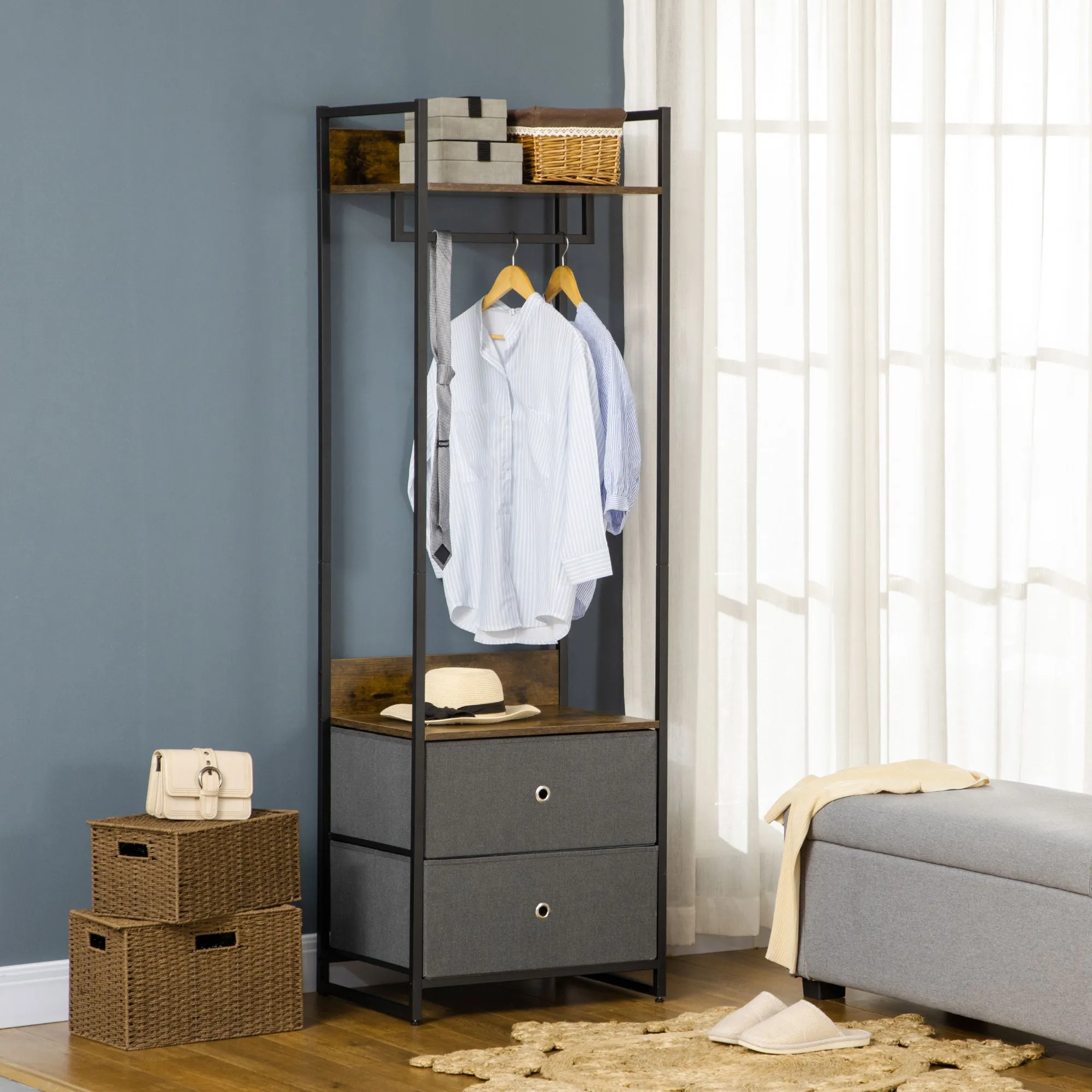 HOMCOM Clothes Rail, Metal Coat Stand, Garment Rack with 2 Fabric Storage Drawer