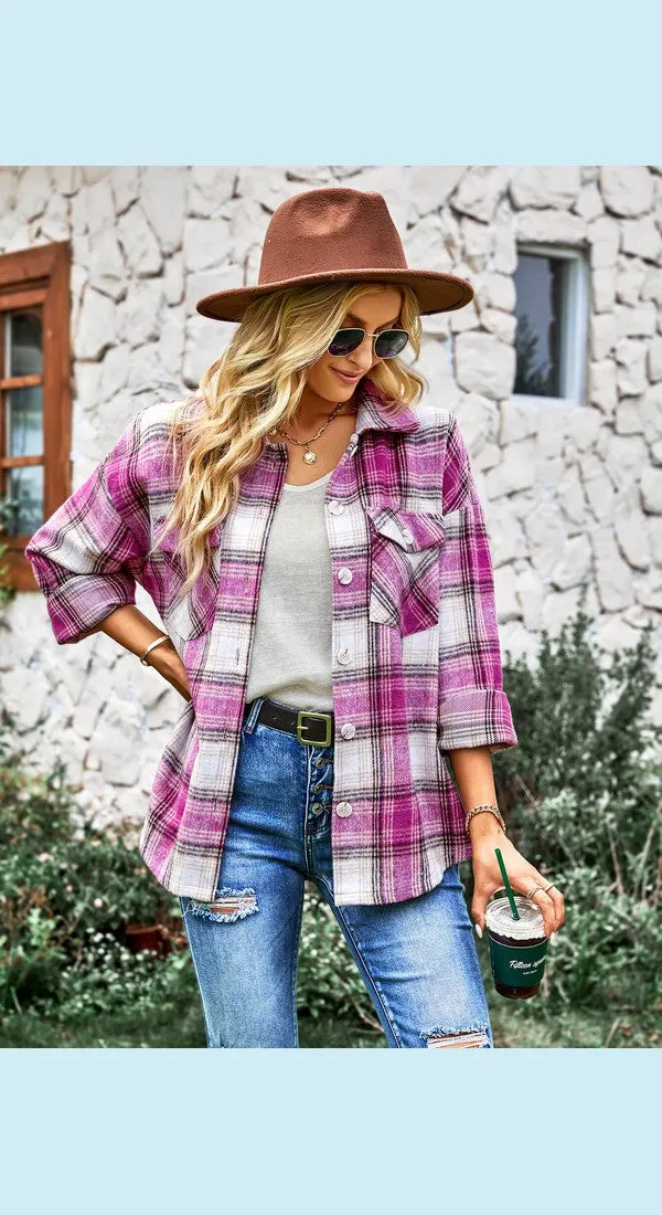 Plaid Button Front Curved Hem Shacket