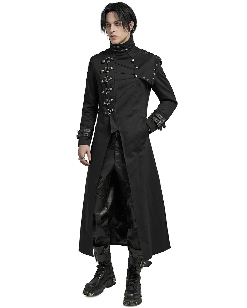 Punk Rave Mens Long Gothic CyberPunk Asymmetric Shoulder Armour Trench Coat