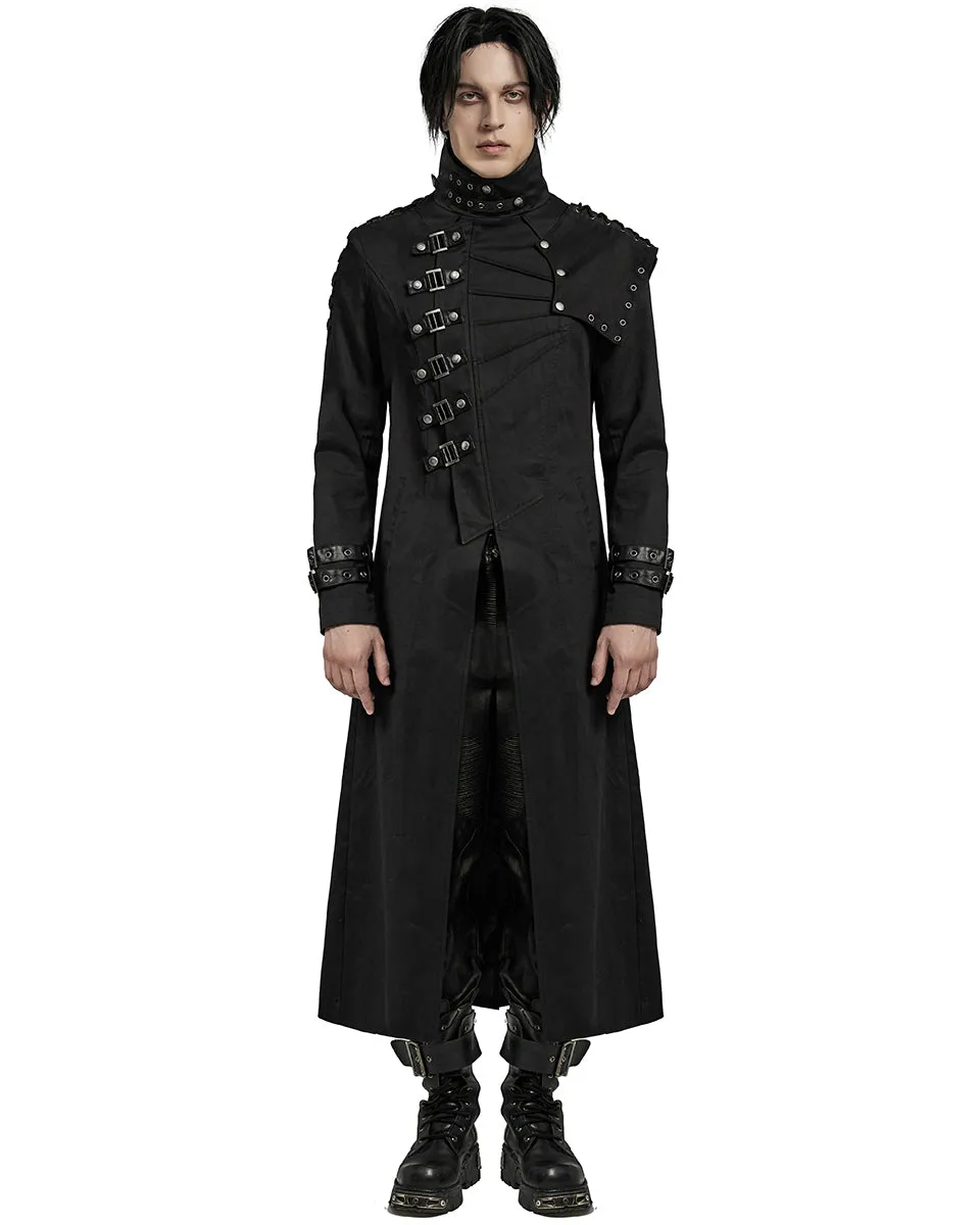 Punk Rave Mens Long Gothic CyberPunk Asymmetric Shoulder Armour Trench Coat