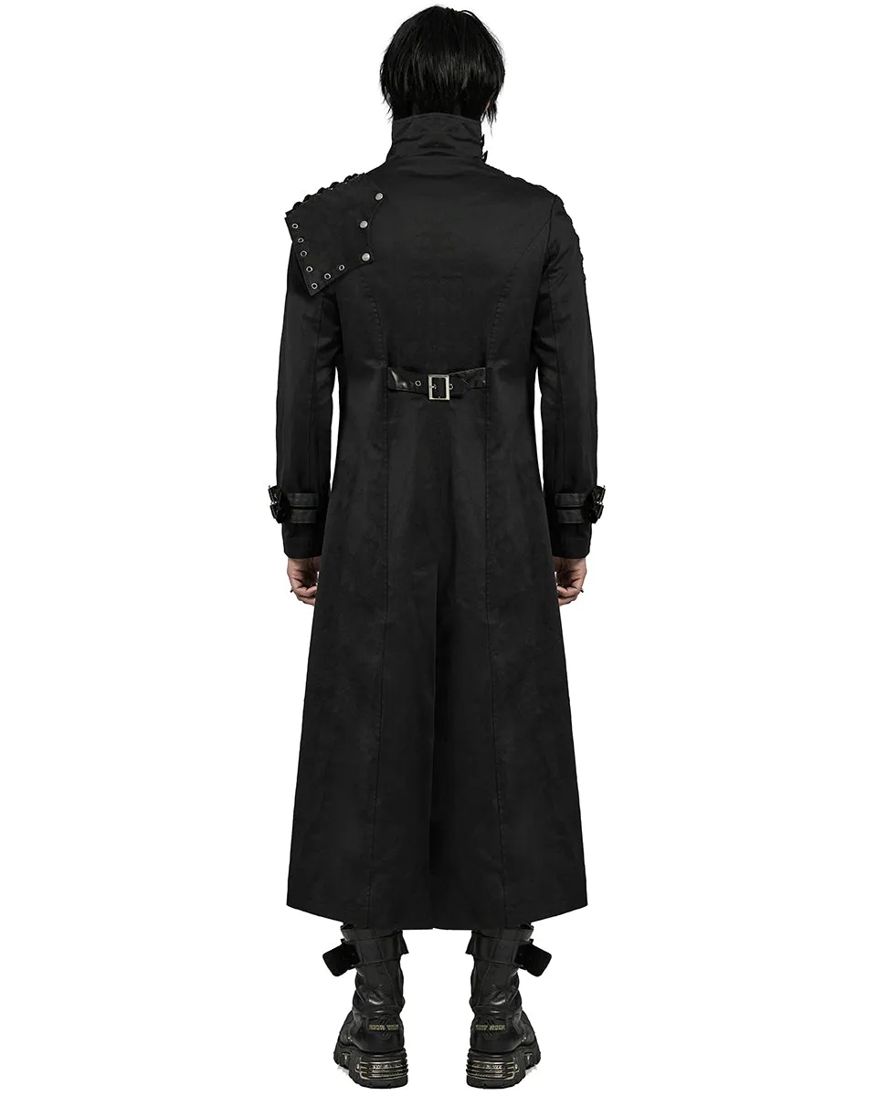 Punk Rave Mens Long Gothic CyberPunk Asymmetric Shoulder Armour Trench Coat