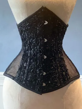 Real steel boned underbust corset from mesh with embroidered front and back. Waist training corset for tight lacing. Gothic, steampunk corset