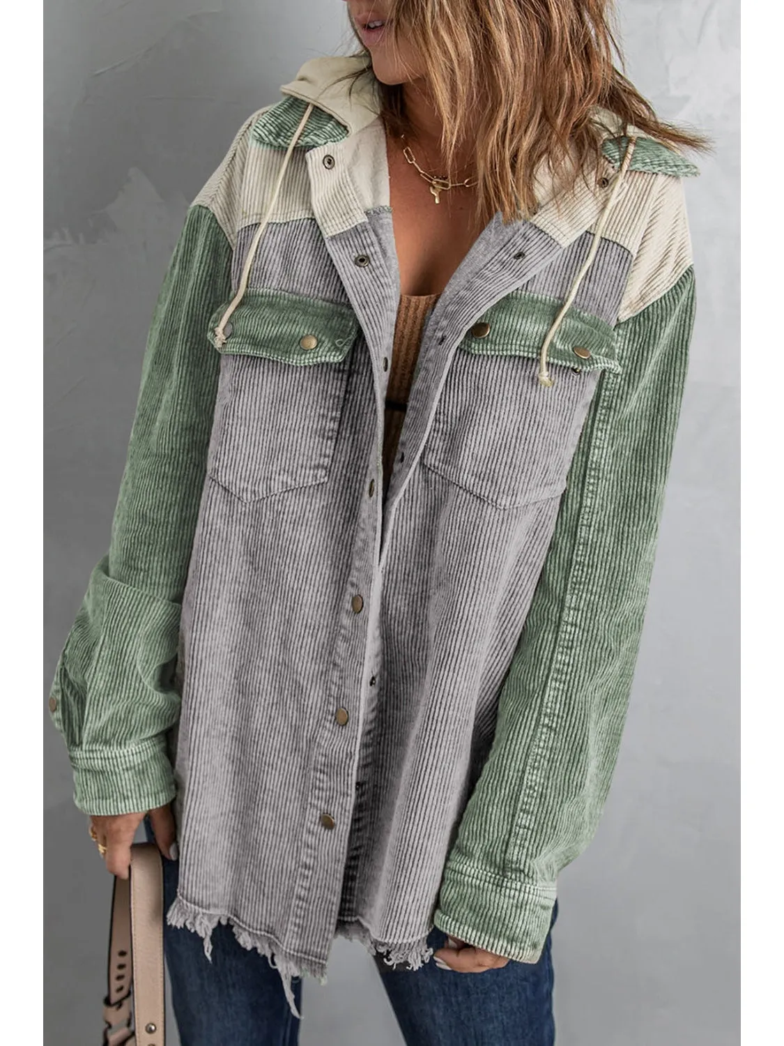 Snap Front Hooded Corduroy Shacket