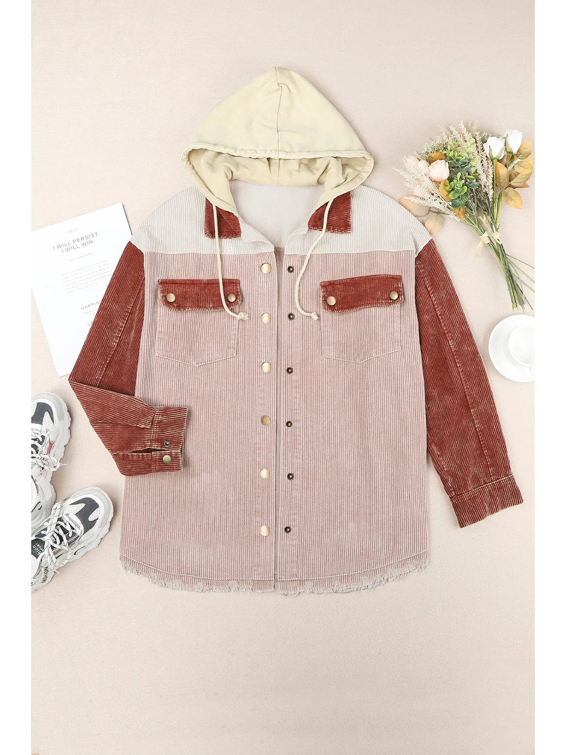 Snap Front Hooded Corduroy Shacket