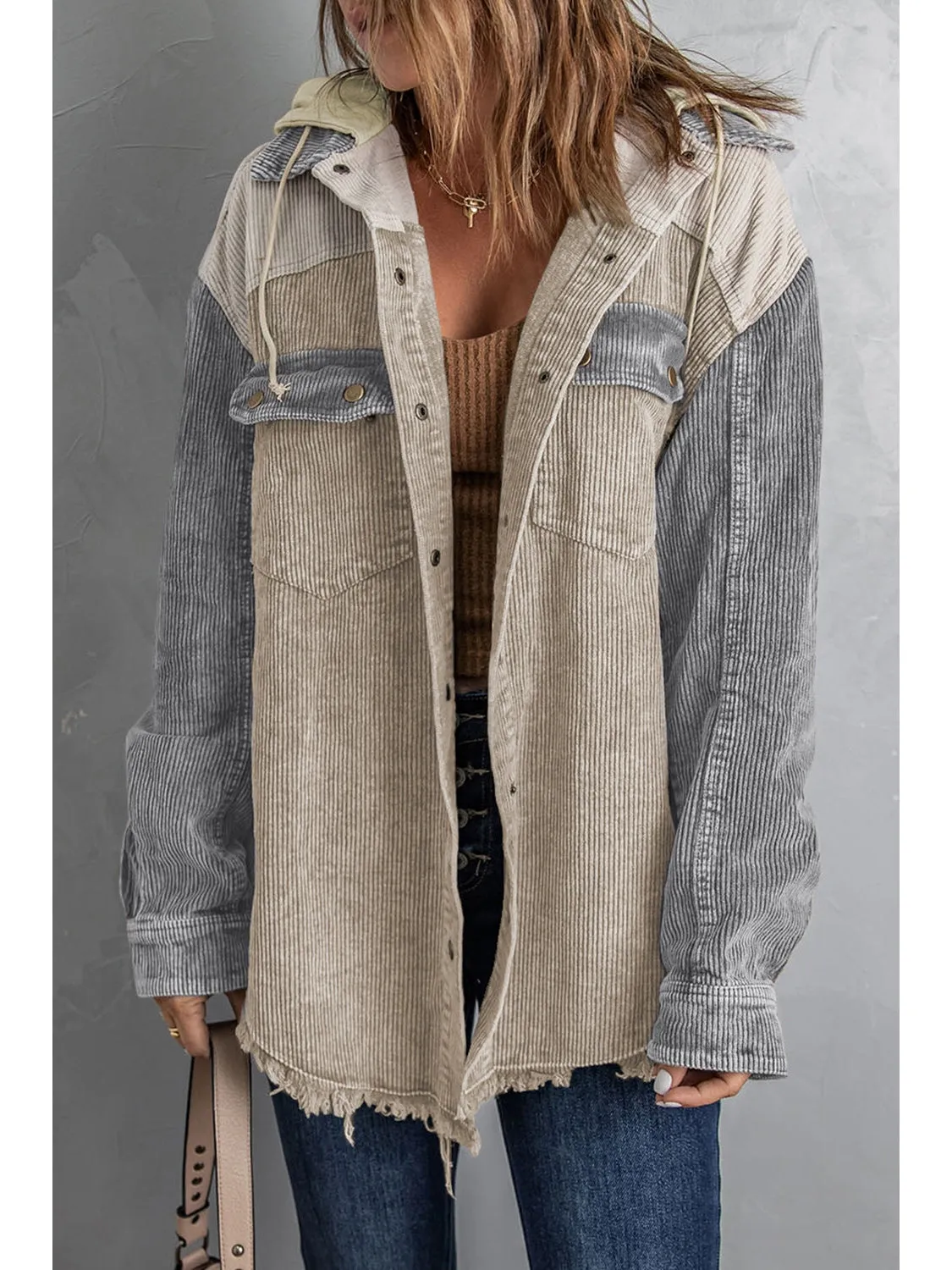 Snap Front Hooded Corduroy Shacket