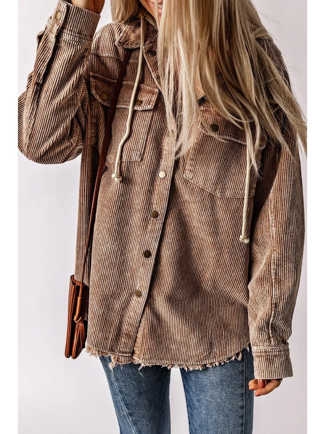 Snap Front Hooded Corduroy Shacket