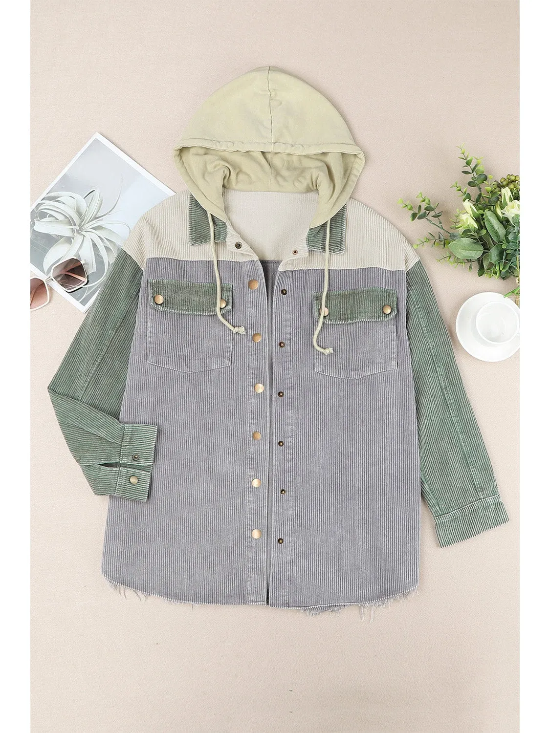 Snap Front Hooded Corduroy Shacket