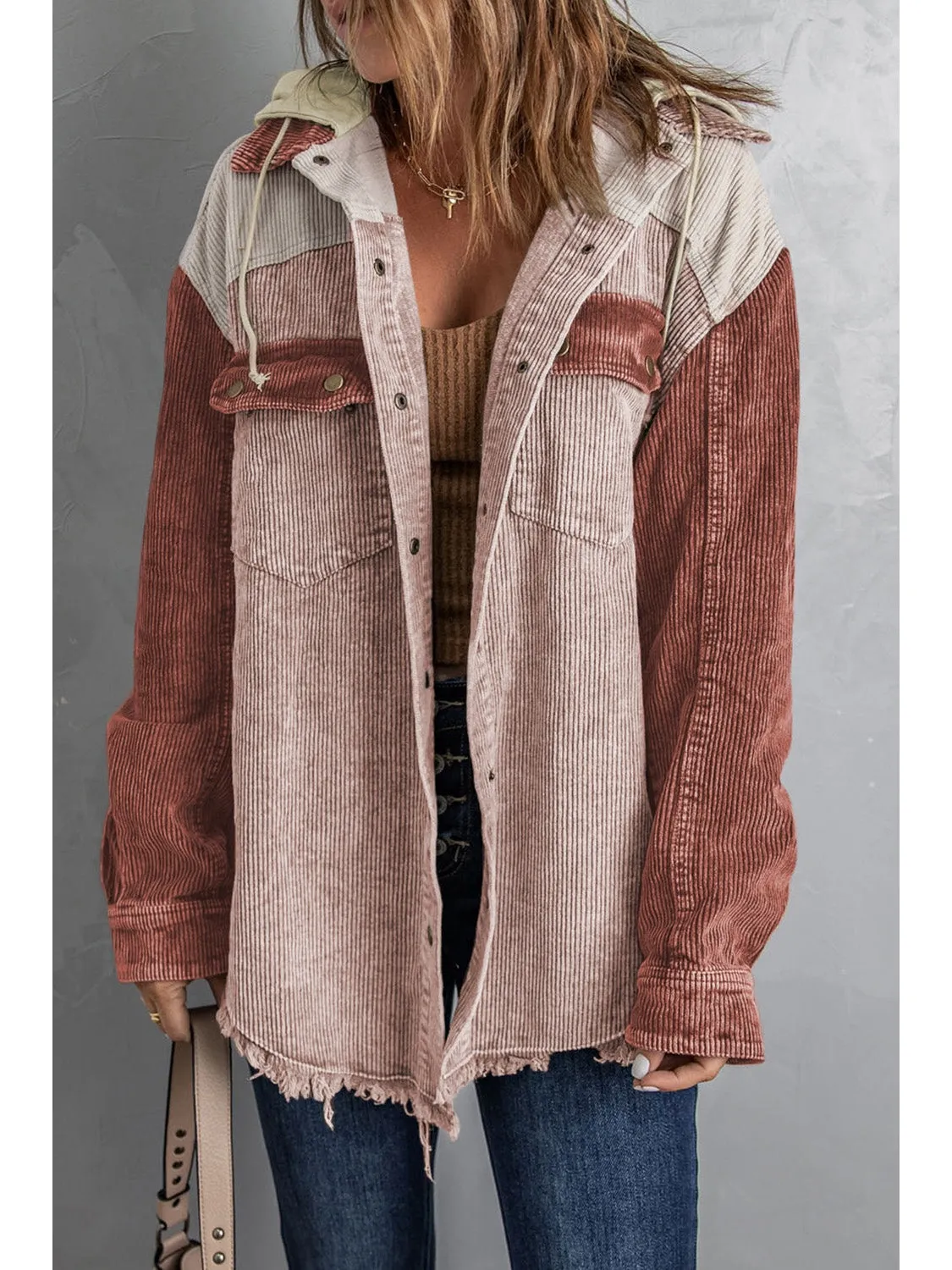 Snap Front Hooded Corduroy Shacket