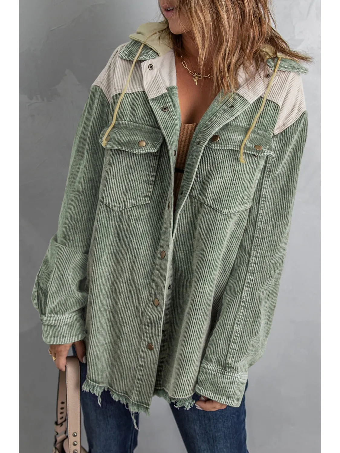 Snap Front Hooded Corduroy Shacket