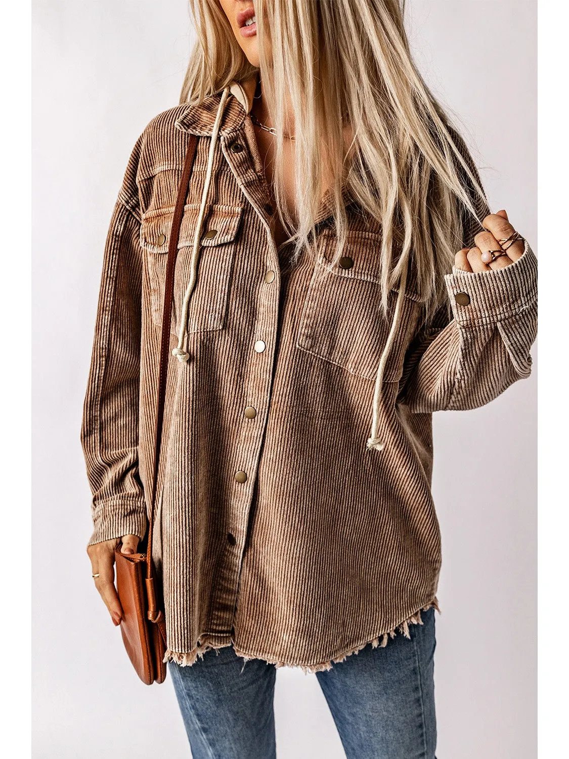 Snap Front Hooded Corduroy Shacket
