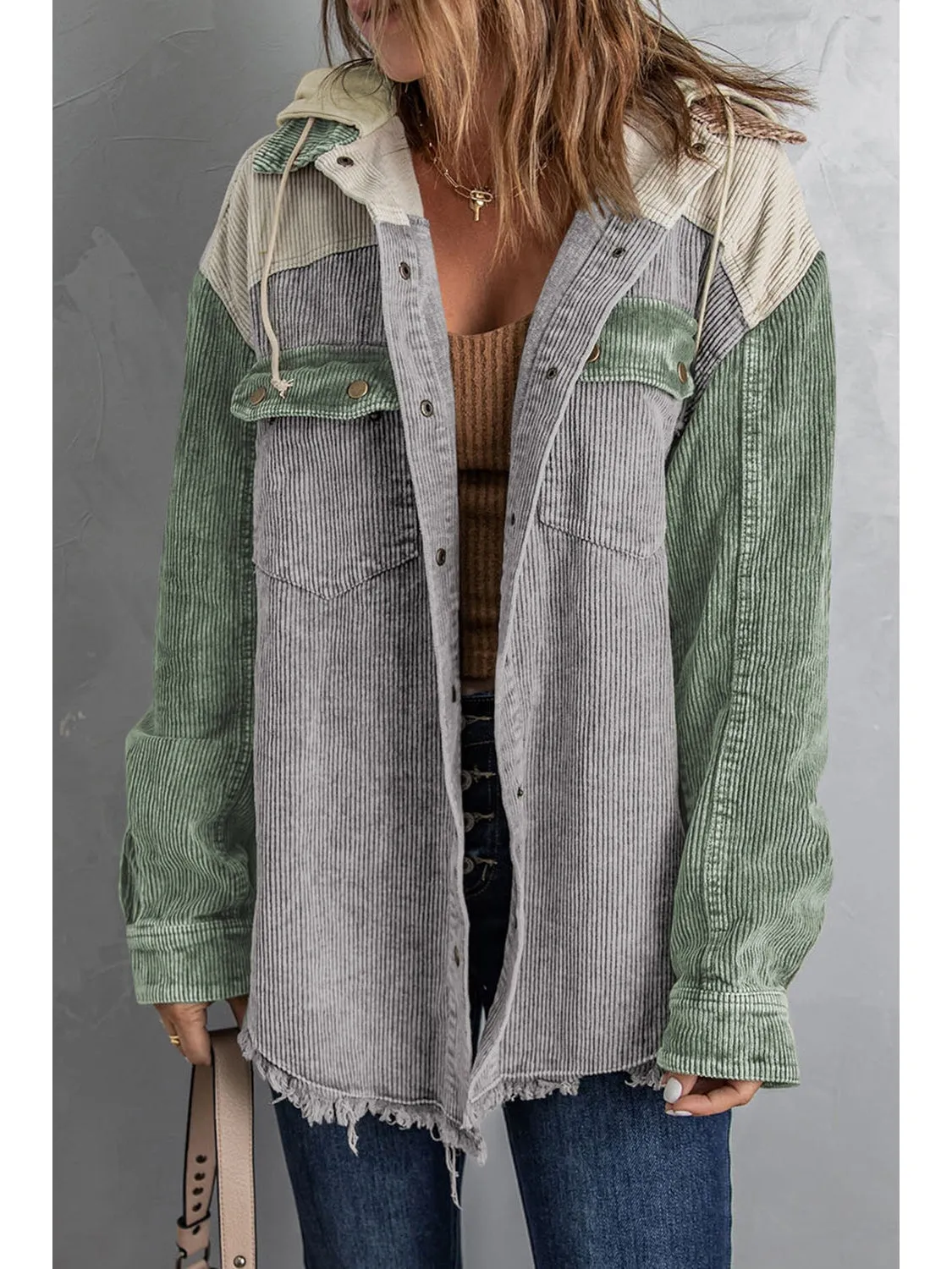 Snap Front Hooded Corduroy Shacket