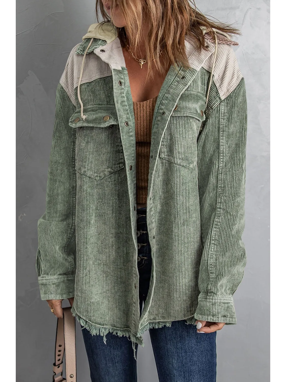 Snap Front Hooded Corduroy Shacket