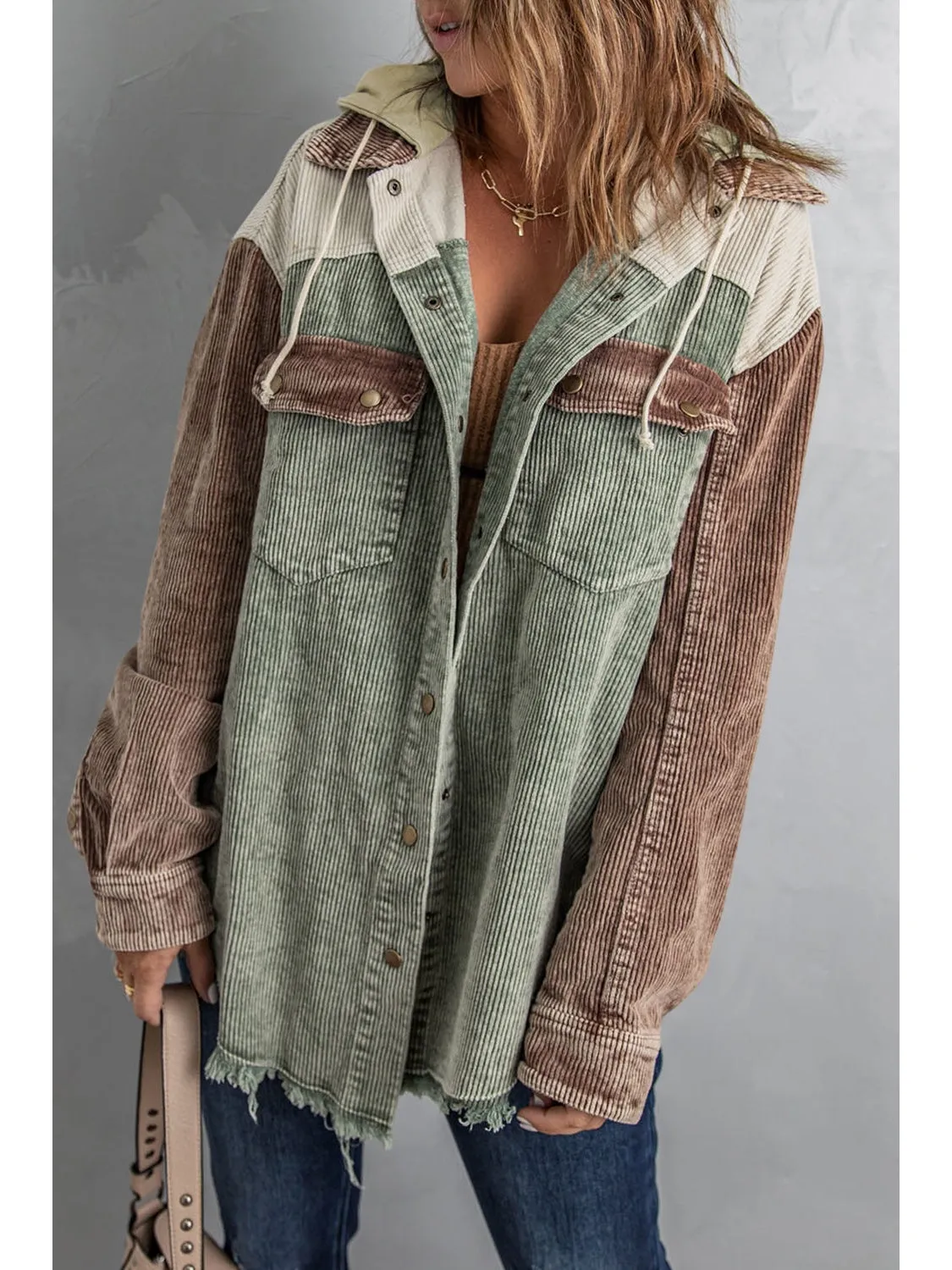 Snap Front Hooded Corduroy Shacket