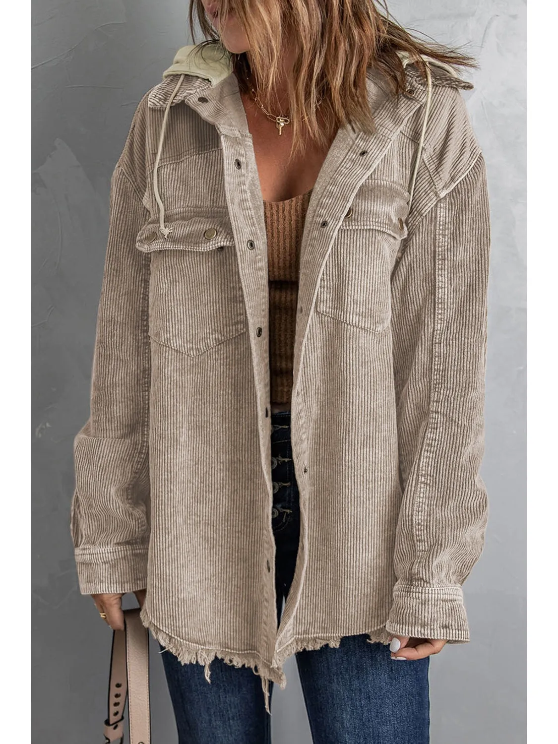 Snap Front Hooded Corduroy Shacket