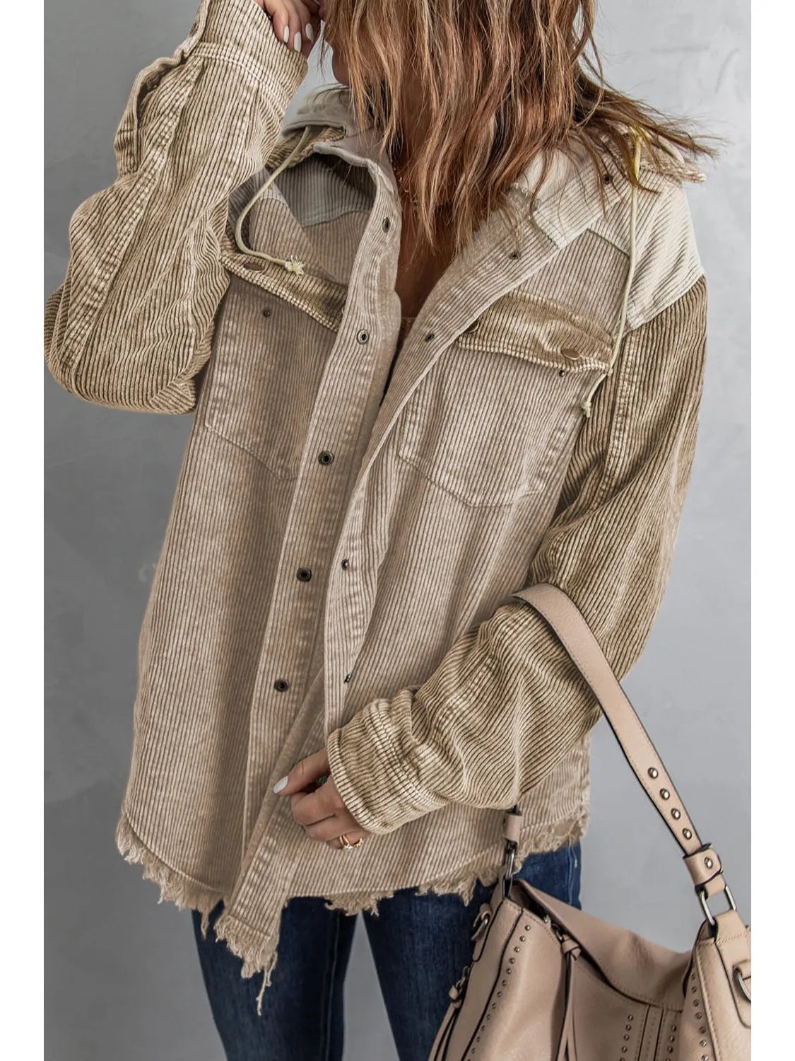 Snap Front Hooded Corduroy Shacket