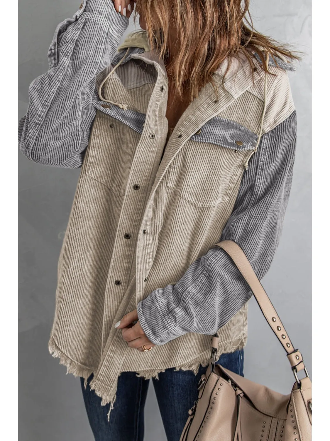 Snap Front Hooded Corduroy Shacket