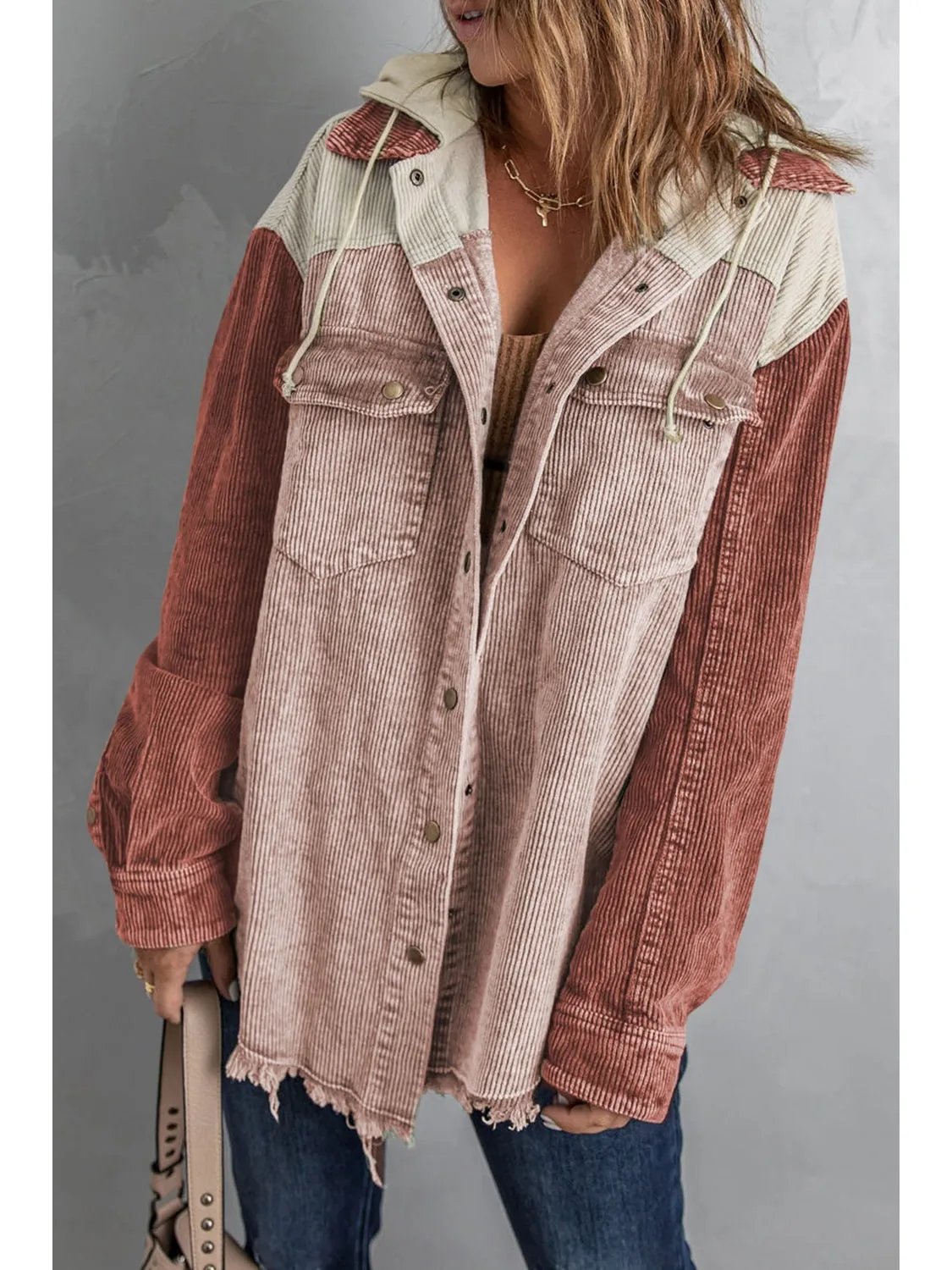 Snap Front Hooded Corduroy Shacket