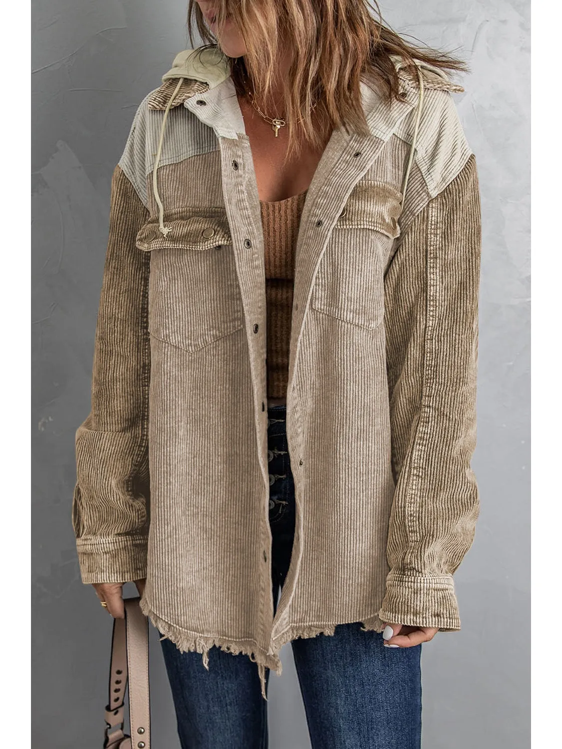 Snap Front Hooded Corduroy Shacket