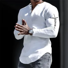 Spring Henley - Jesus Christ Cross 3D Print Streetwear Men's Vintage Button-Down Long Sleeve Shirt