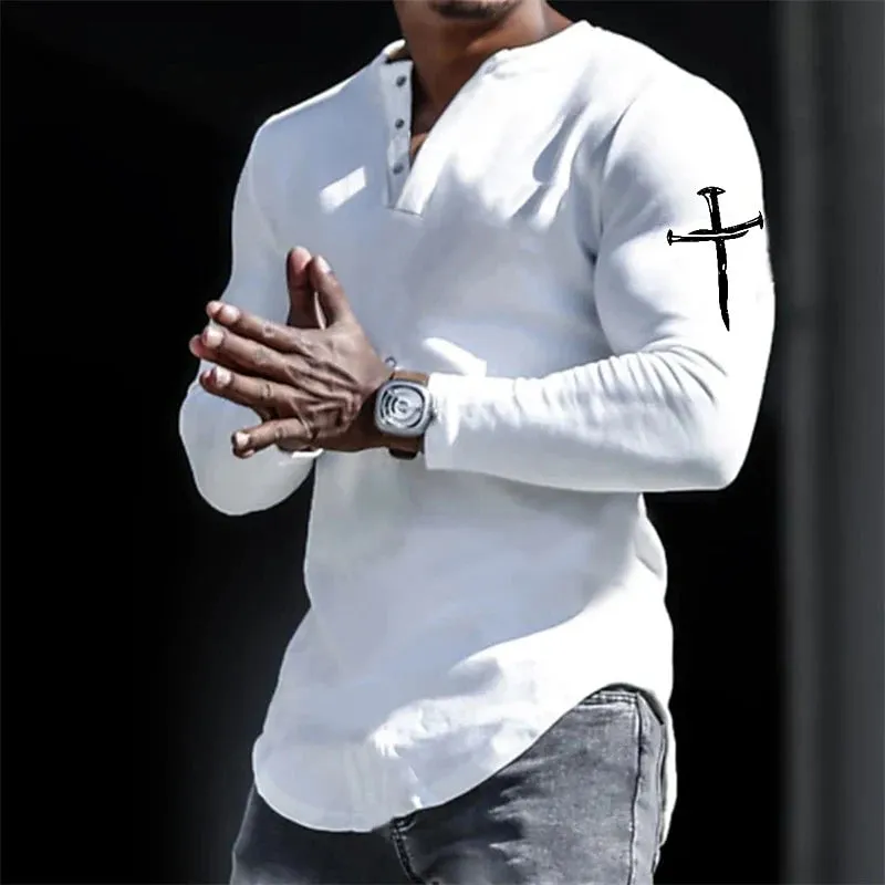 Spring Henley - Jesus Christ Cross 3D Print Streetwear Men's Vintage Button-Down Long Sleeve Shirt