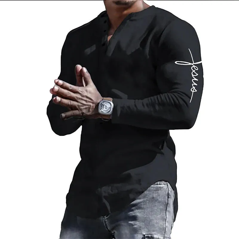 Spring Henley - Jesus Christ Cross 3D Print Streetwear Men's Vintage Button-Down Long Sleeve Shirt
