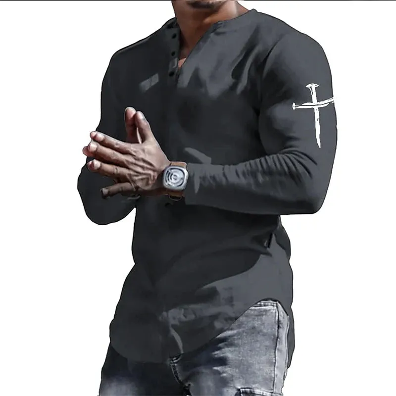 Spring Henley - Jesus Christ Cross 3D Print Streetwear Men's Vintage Button-Down Long Sleeve Shirt
