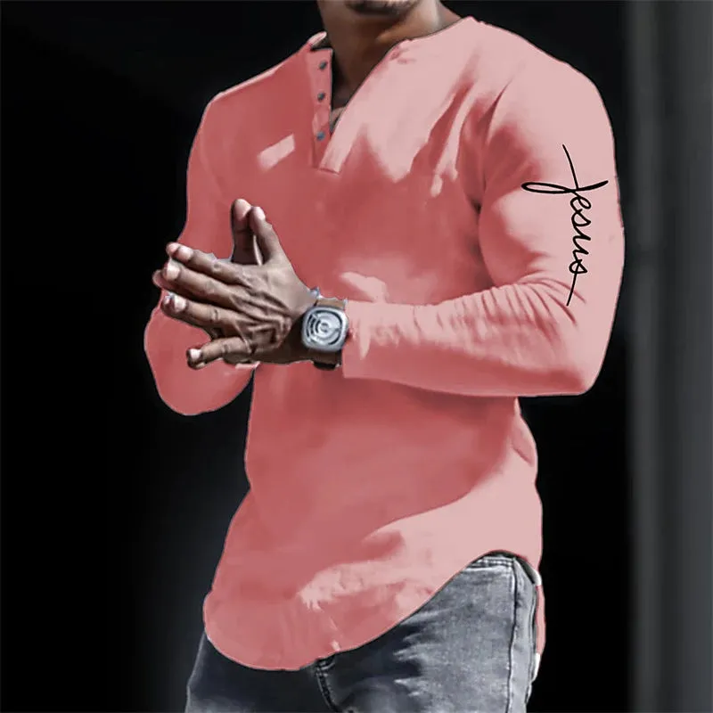 Spring Henley - Jesus Christ Cross 3D Print Streetwear Men's Vintage Button-Down Long Sleeve Shirt