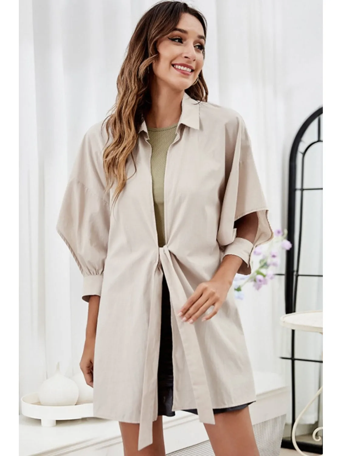 Tie Front Collared Neck Cutout Shacket