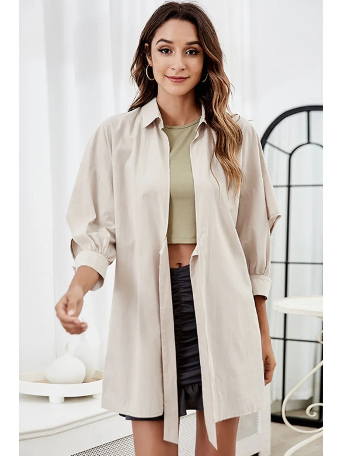 Tie Front Collared Neck Cutout Shacket